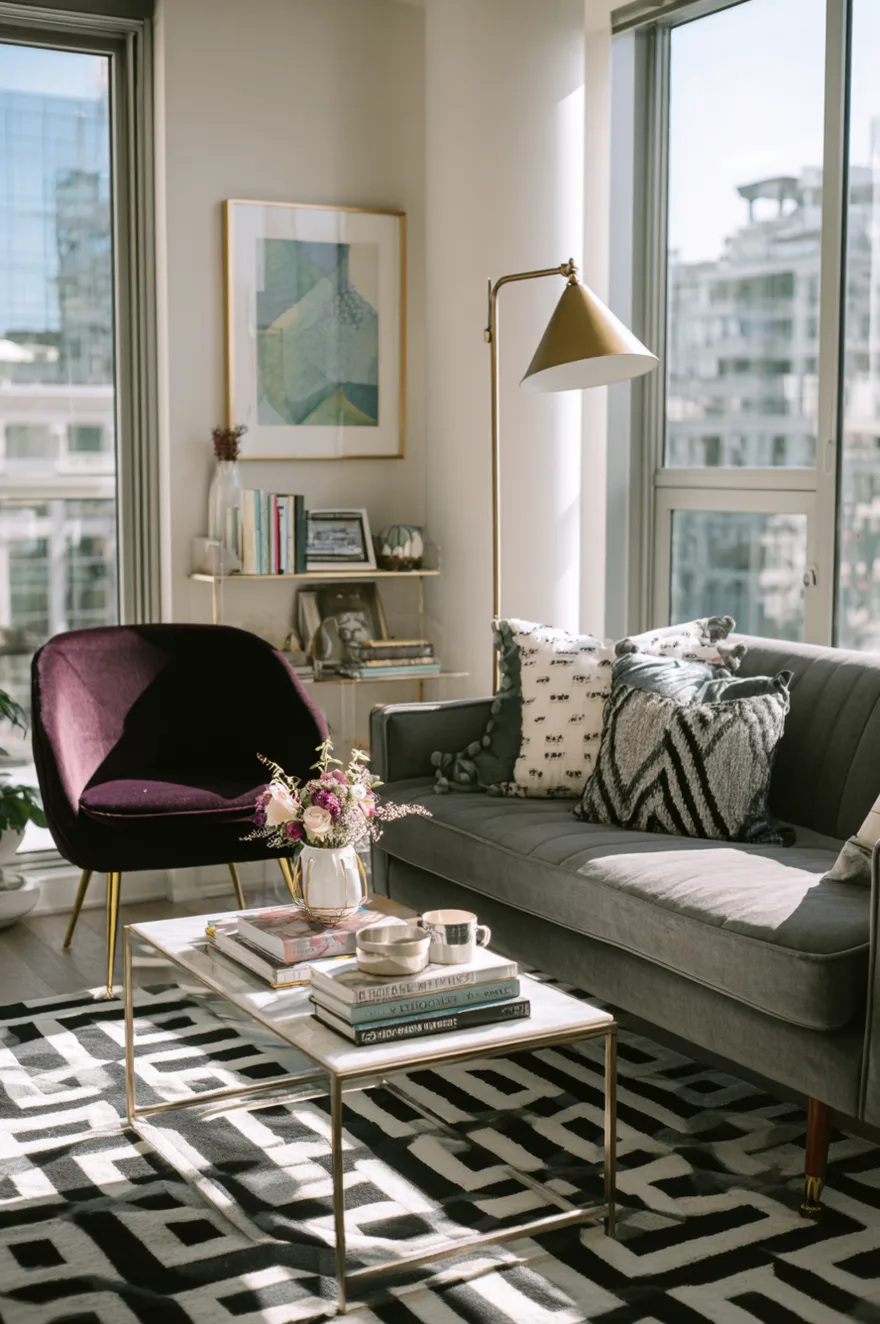 Bright apartment living room with a sleek gray velvet sofa, a deep purple velvet accent chair on gold legs, a white marble coffee table, and a black and white geometric rug.