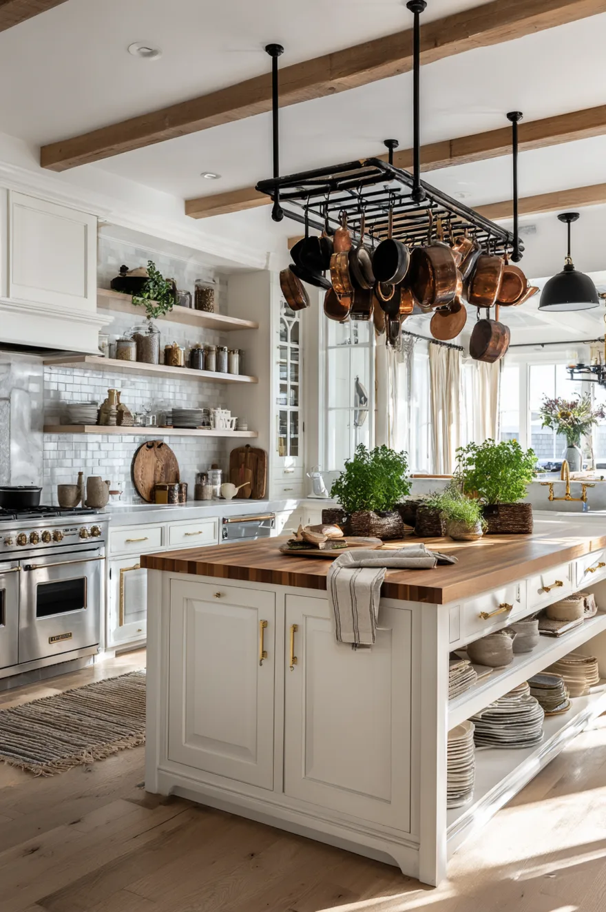 Black metal ceiling-mounted pot rack hanging an array of copper pots over a large white kitchen island with a wood butcher block countertop and white subway tile walls.