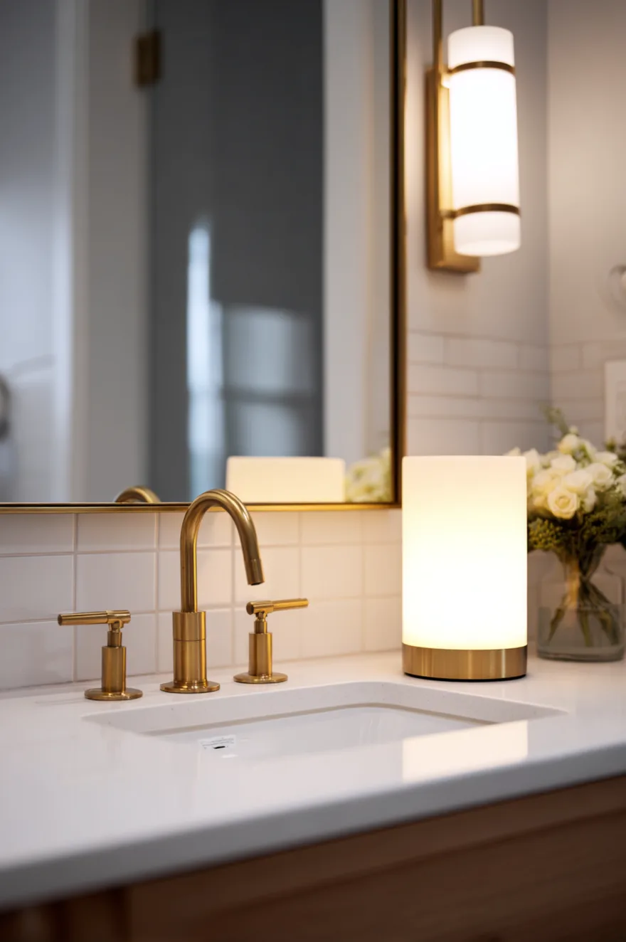 A white bathroom vanity counter featuring brass fixtures and a glowing cylindrical rechargeable LED lamp placed in front of a mirror and white square tiles.