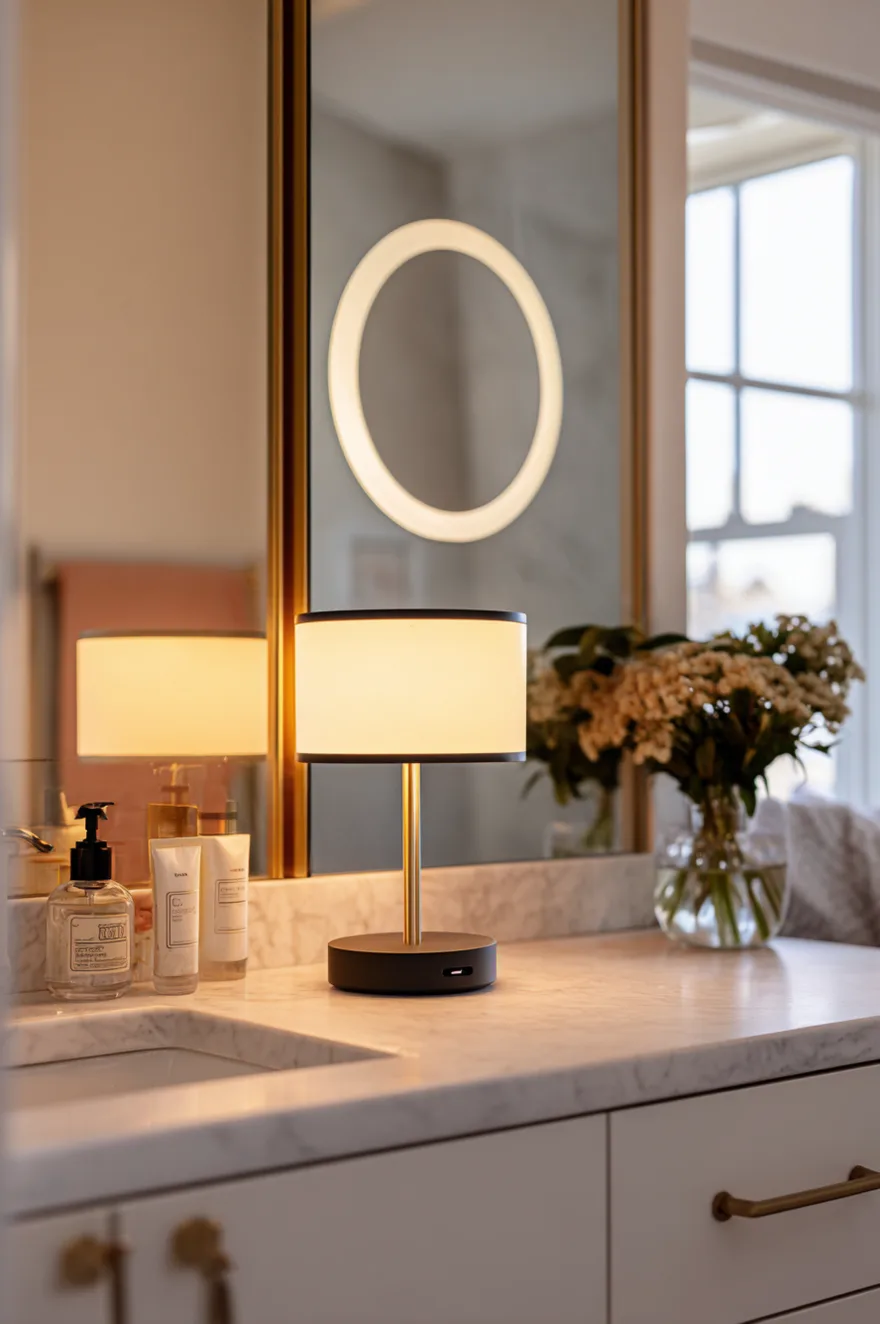 A white marble bathroom vanity counter topped with a small stylish black and brass rechargeable lamp with a white shade providing a warm glow.