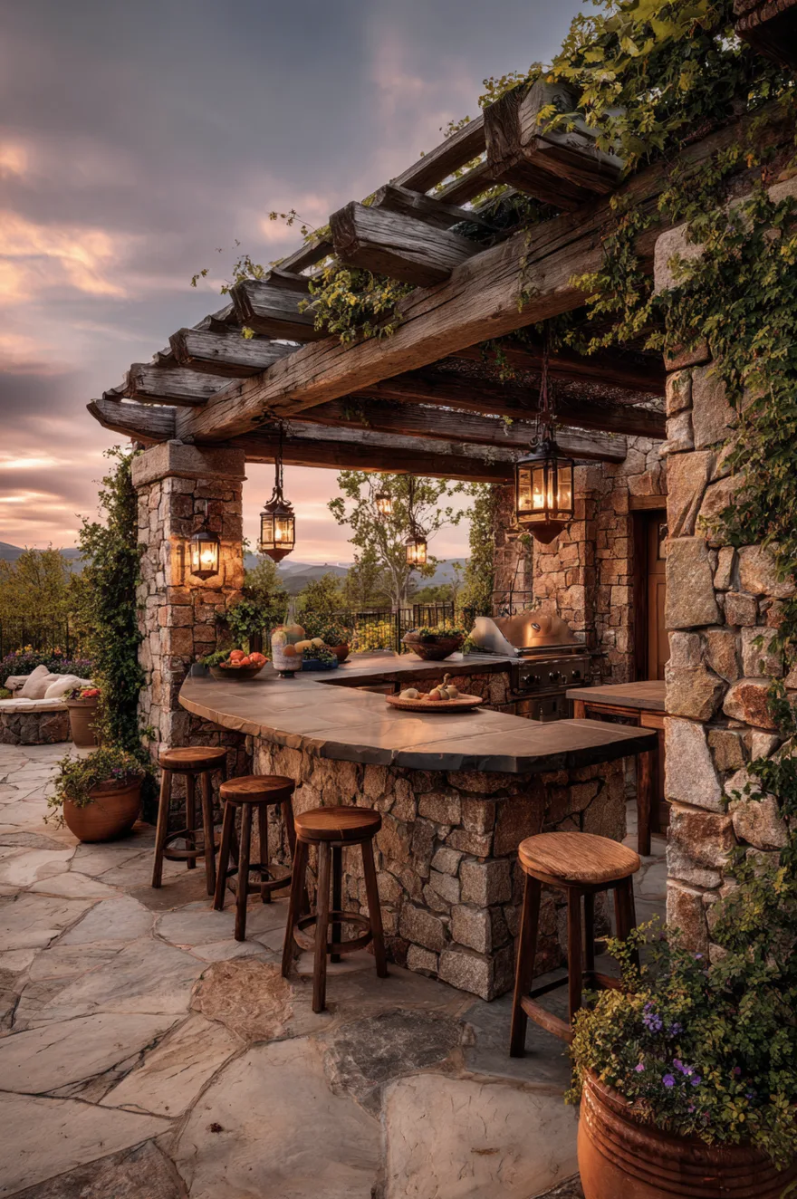 Rustic stacked stone outdoor kitchen island with dark granite countertops and a built-in stainless grill, sitting beneath a heavy timber pergola draped in green vines.