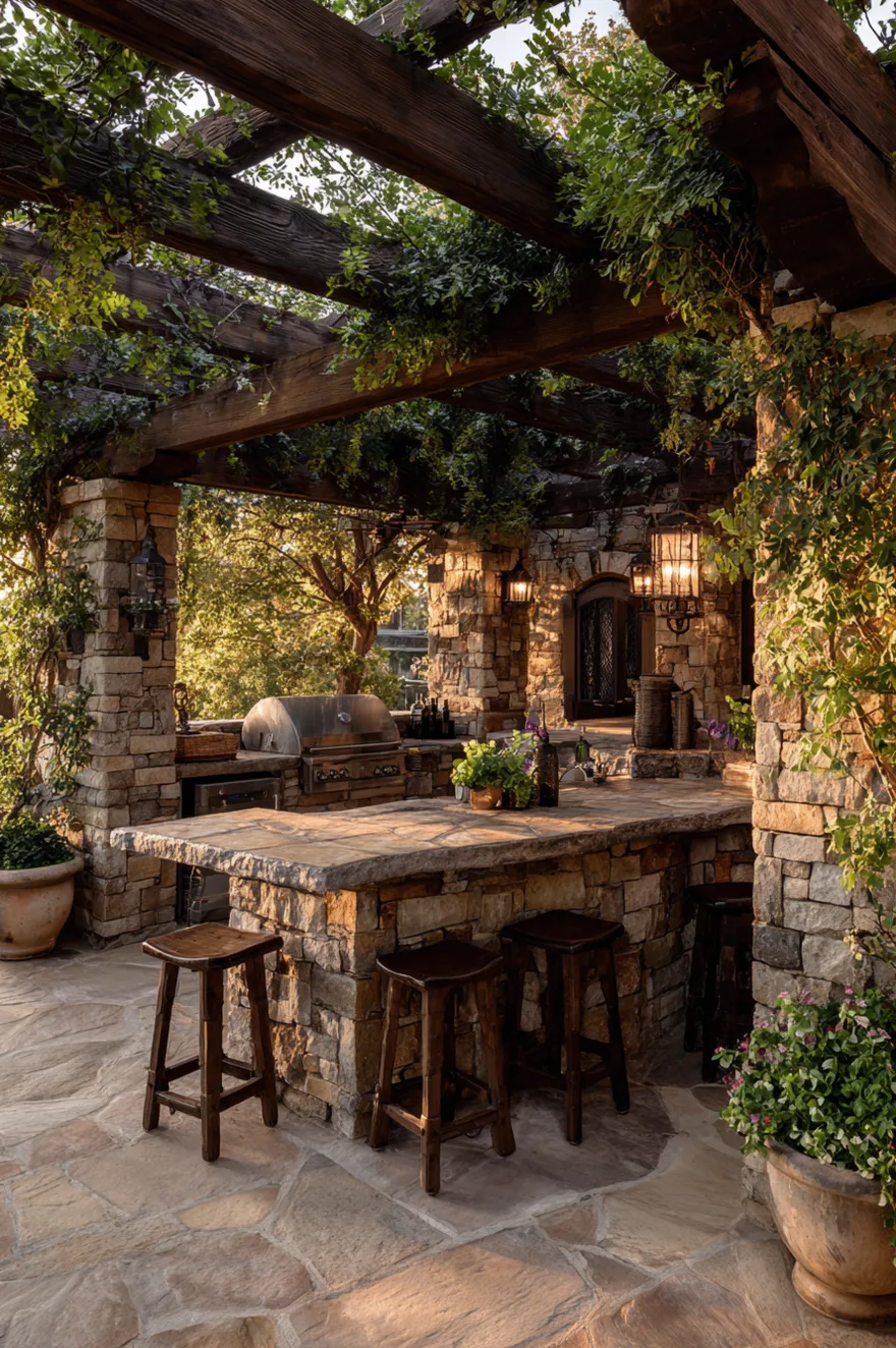 L-shaped rustic brick and stone outdoor kitchen with stainless steel appliances and a flagstone patio, illuminated by warm string lights woven through a wood pergola.