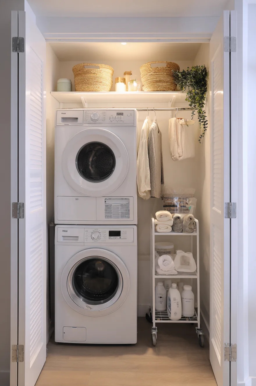 Rental laundry closet organized with over-the-door storage racks and temporary peel-and-stick wallpaper.