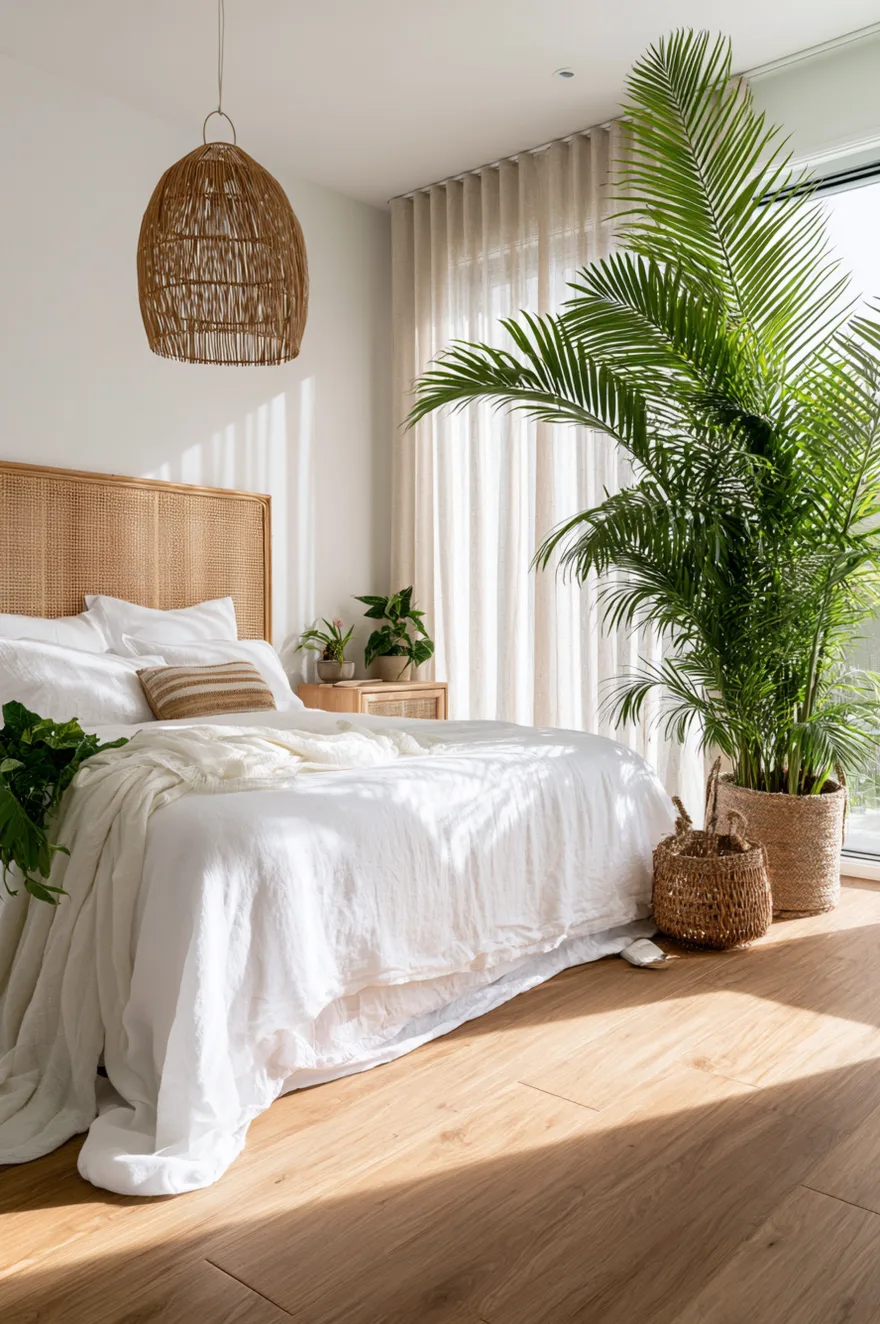 Airy bedroom featuring a woven cane headboard, crisp white bedding with a textured brown striped accent pillow, a large potted palm tree, and a domed rattan basket pendant light.