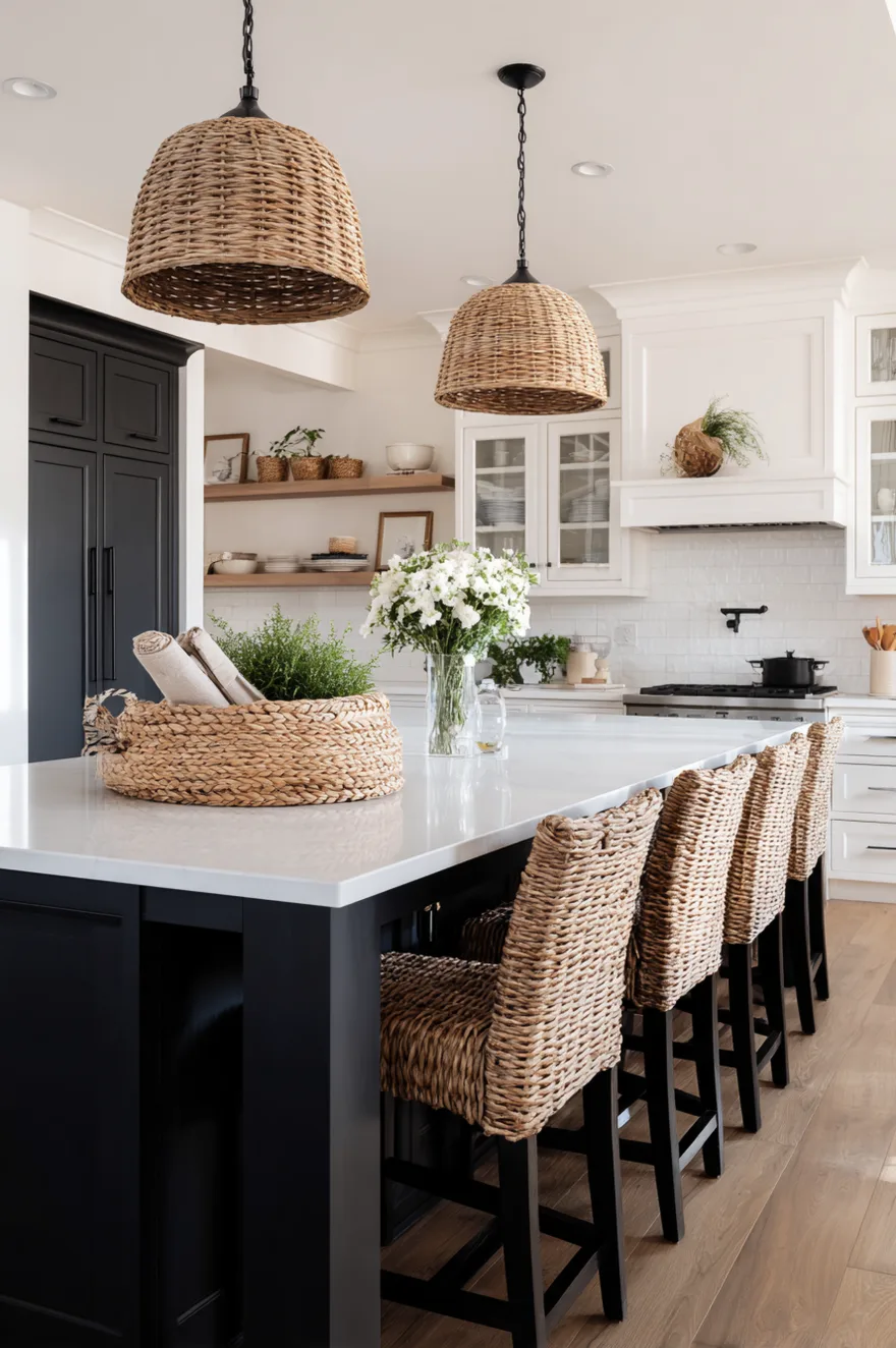 White kitchen island with a dark soapstone countertop, holding a large shallow woven tobacco basket containing rolled white waffle-weave kitchen towels, a small wooden cutting board, and an amber glass soap dispenser.