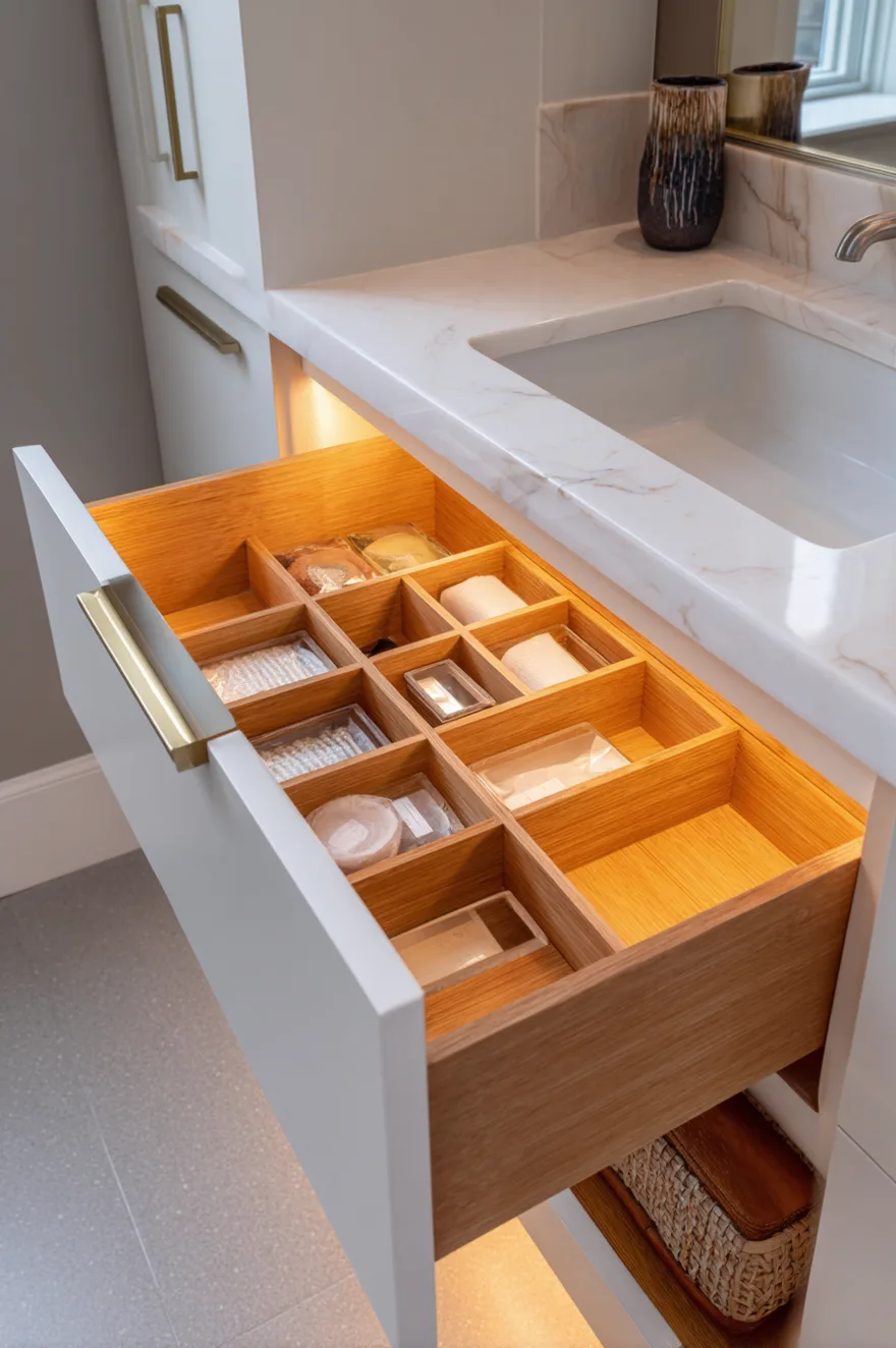 Deep wooden bathroom vanity drawer pulled open to show custom built-in wooden dividers perfectly organizing hair tools and bottles, illuminated by bright internal drawer lighting.