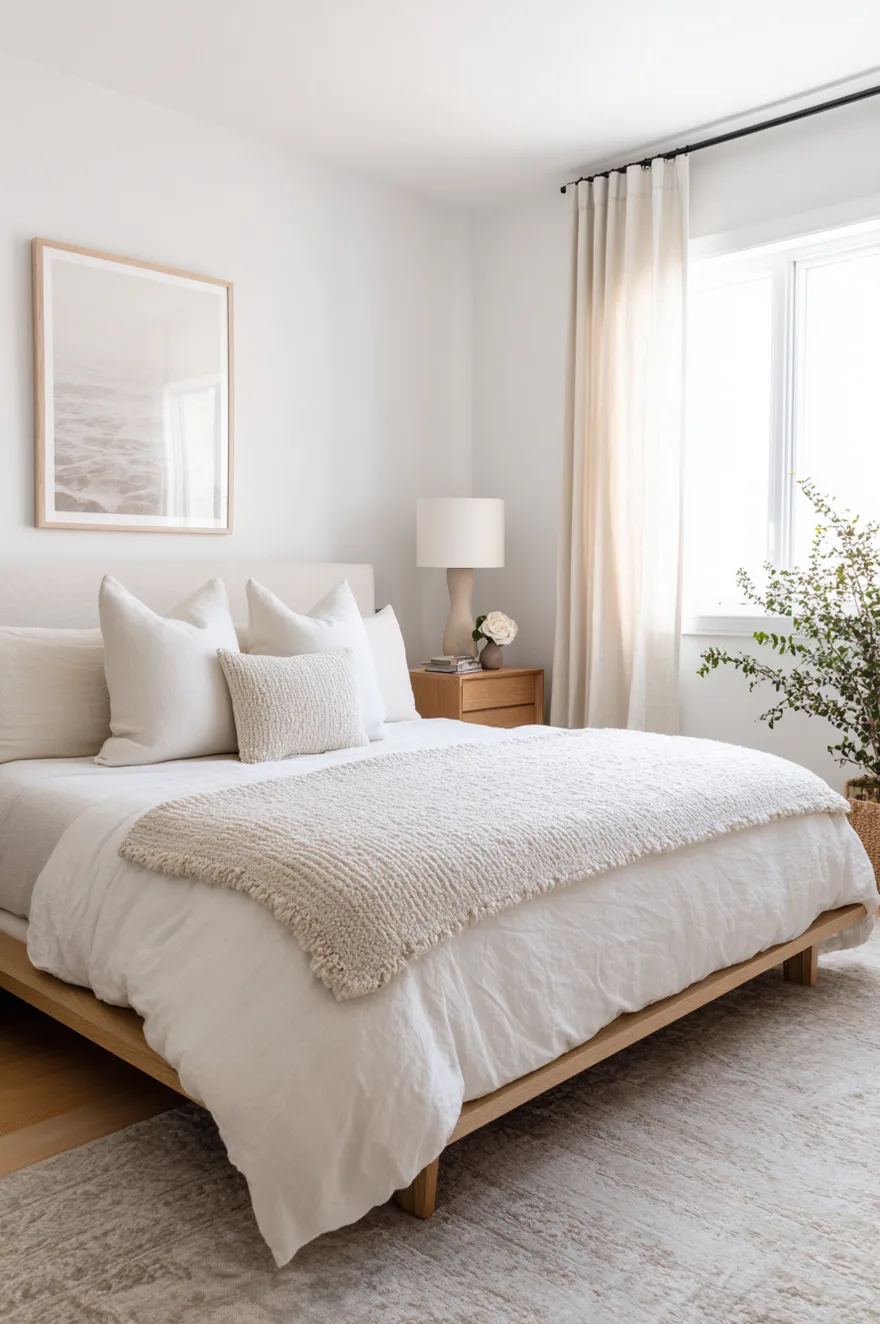 Minimalist bedroom idea master with crisp white bedding, clear surfaces, and simple wood furniture.