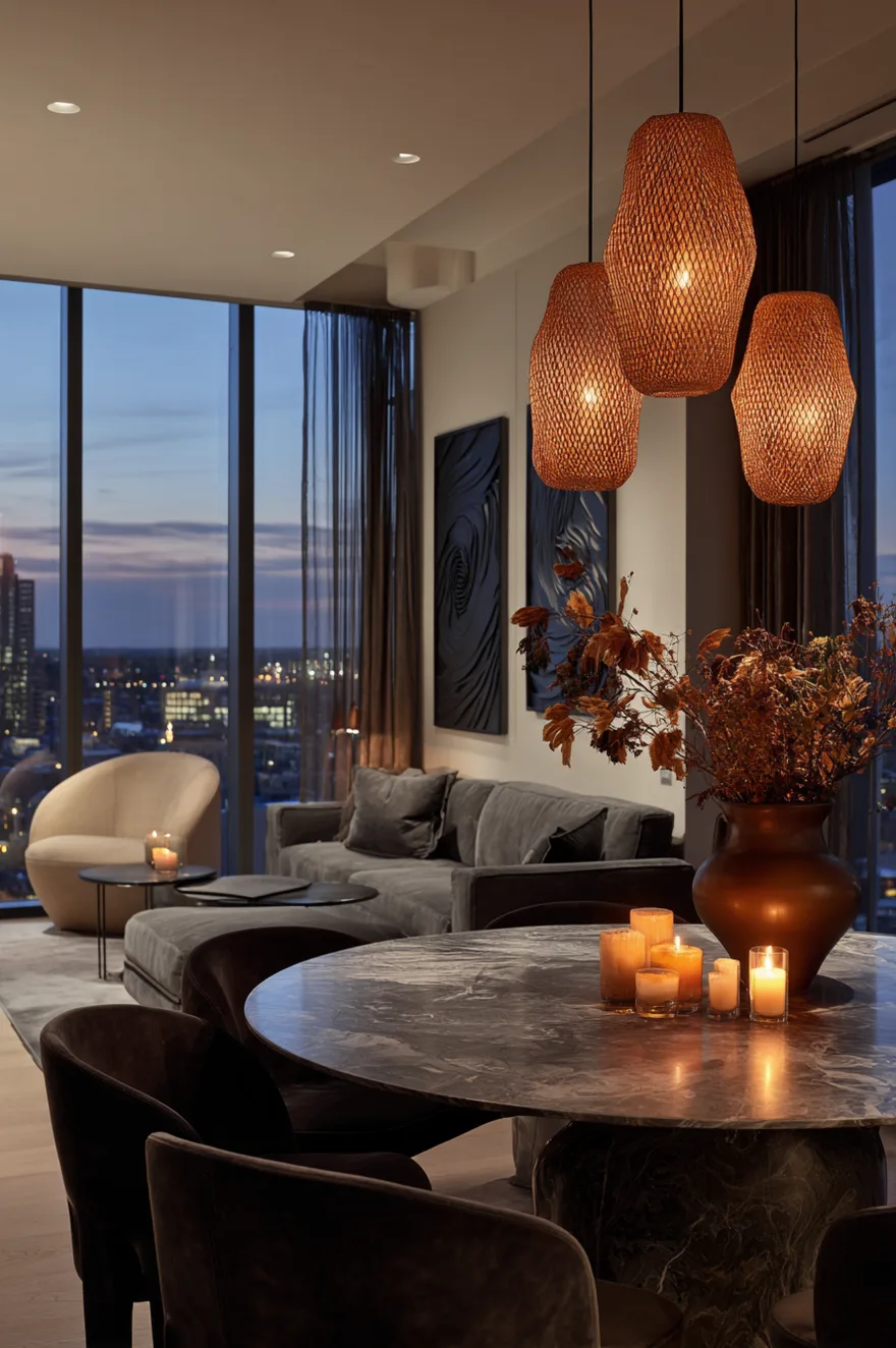 A moody evening apartment view featuring a dark marble round dining table surrounded by velvet chairs with lit candles, looking toward a dark grey sofa and large windows showing the city skyline.
