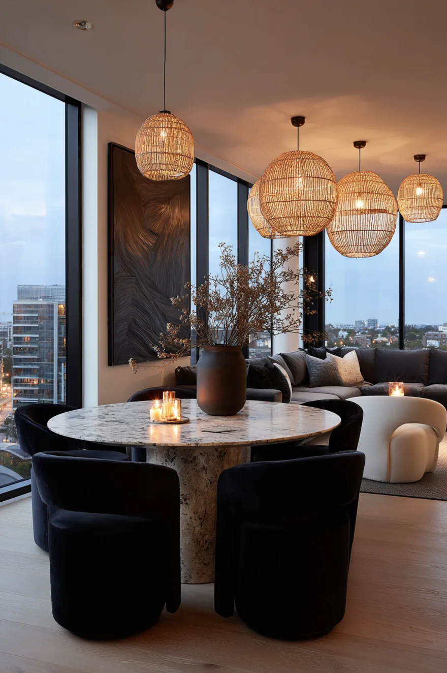 An elegant evening living and dining space showcasing a round marble dining table with black velvet chairs under glowing woven pendants, alongside a dark grey sofa and city views through large windows.