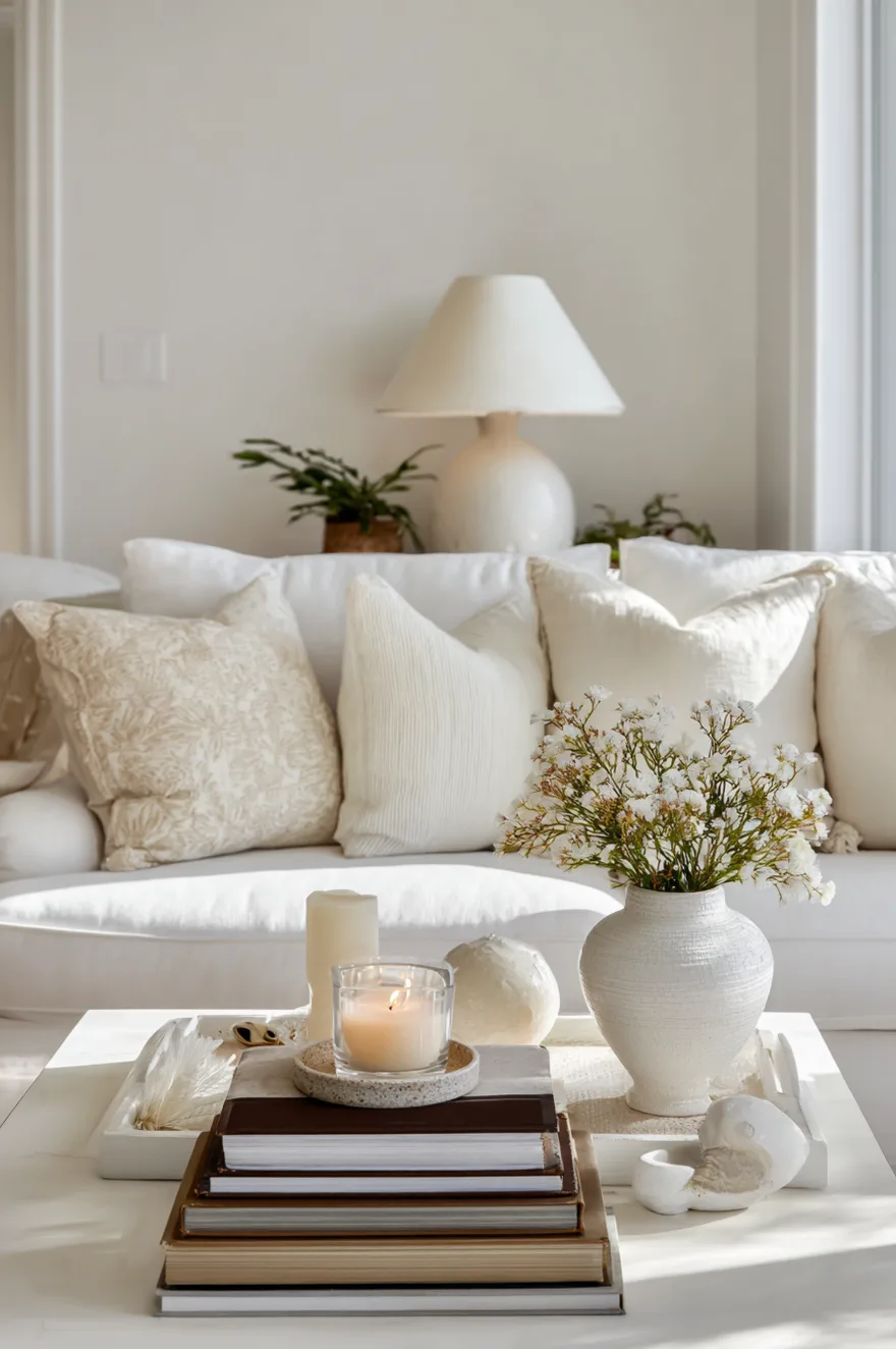 Perfectly styled white living room vignette showing a curated balance of open space and decor objects.