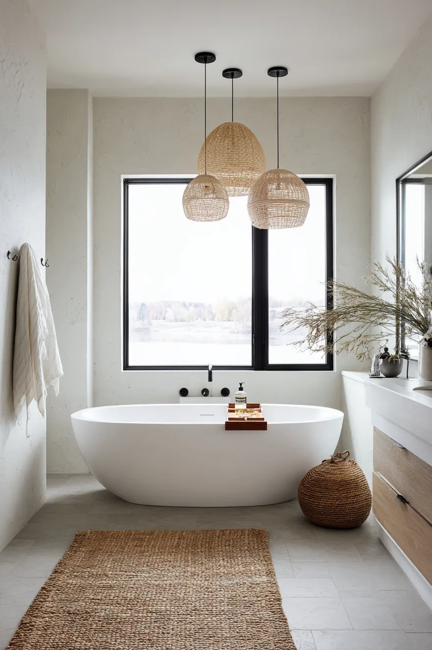 A bright, airy bathroom features a white freestanding bathtub with a raw edge wood bath tray holding a book and candle, surrounded by large potted plants and textured stone tiles.