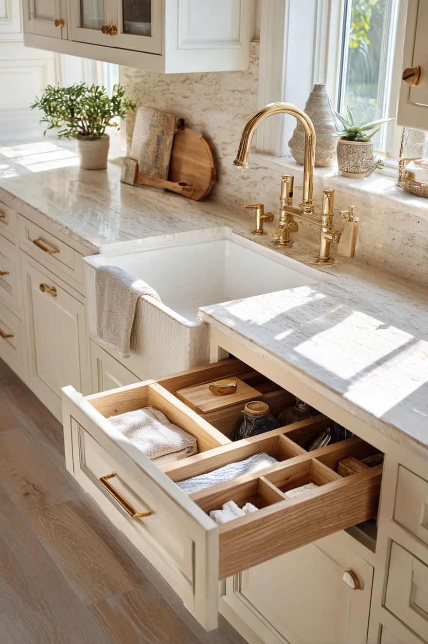 Matte black kitchen sink and matching faucet set into dark countertops against a textured black backsplash, featuring a pull-down metal dish drying rack inside warm wood upper cabinets.