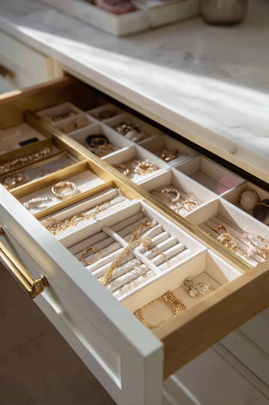 Open drawer of a white makeup vanity with gold hardware, revealing custom beige velvet jewelry organizers filled neatly with gold rings, earrings, and necklaces below a white marble countertop.