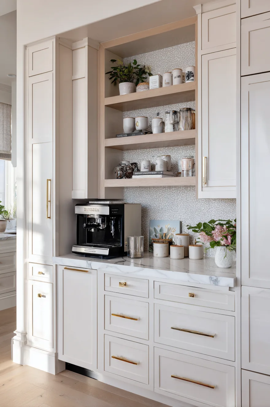 A built-in kitchen coffee bar featuring white lower cabinets with gold pulls, an espresso machine on a marble countertop, and light wood open shelves displaying coffee mugs against a patterned wallpaper backing.
