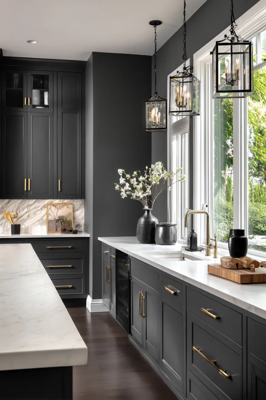 Modern kitchen with charcoal gray walls, matte black cabinets, and dramatic marble backsplash.