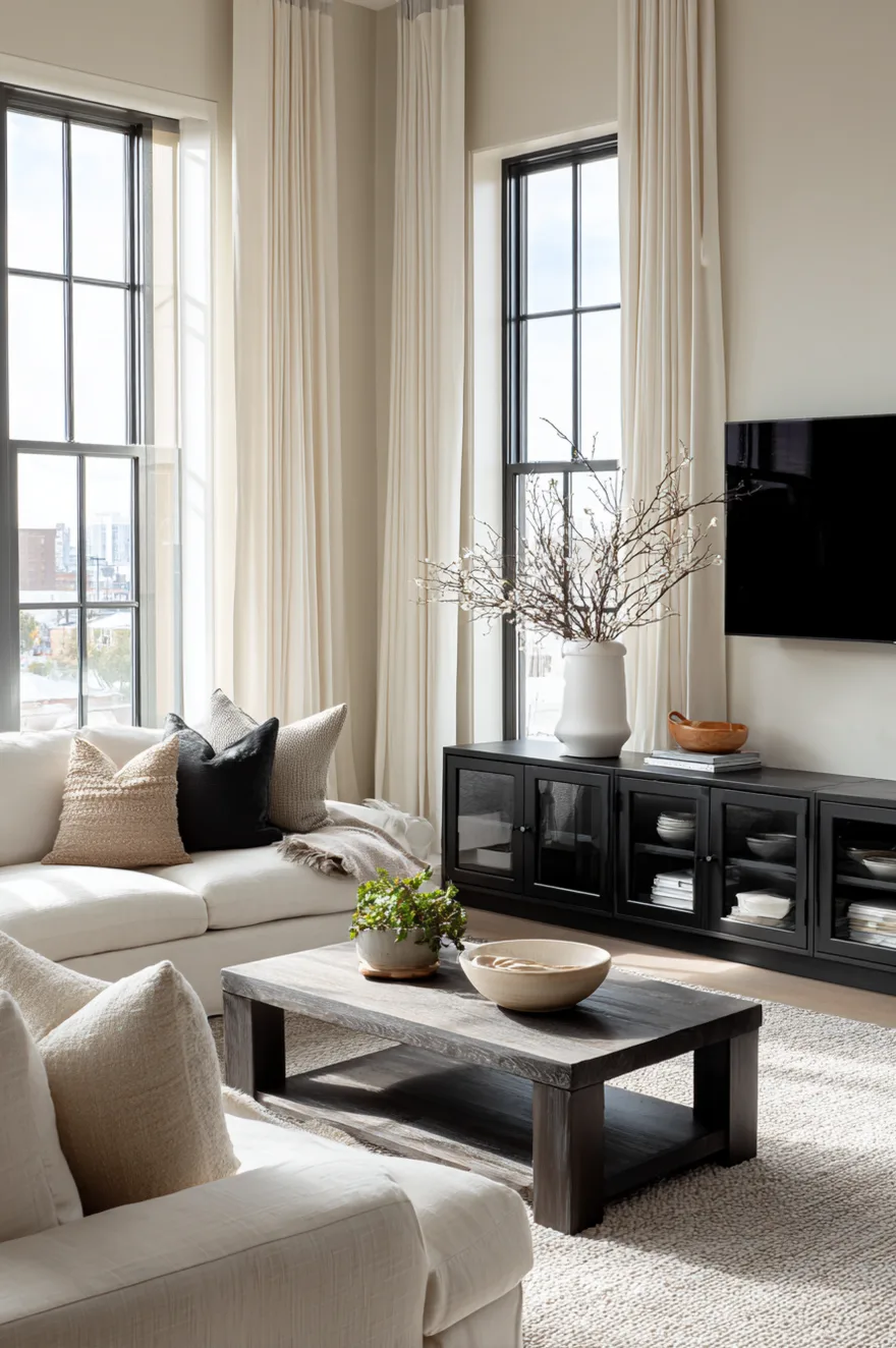 A low profile black media console with fluted glass doors against a light beige wall. A flat screen TV is positioned above it, accompanied by minimal black decor.