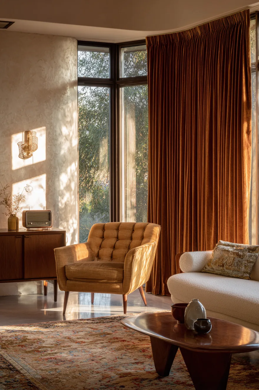 Simple, floor-length neutral linen curtains hanging from a hidden track system, softly filtering the light in a bright mid-century modern apartment living room.