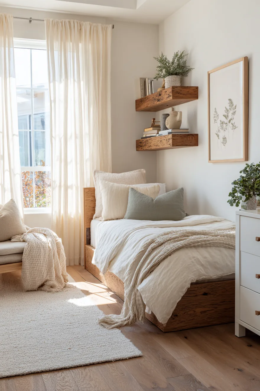 A timeless kids bedroom featuring a natural wood bed frame with white bedding and a soft green pillow, positioned below two rustic wood floating shelves displaying books and decor.