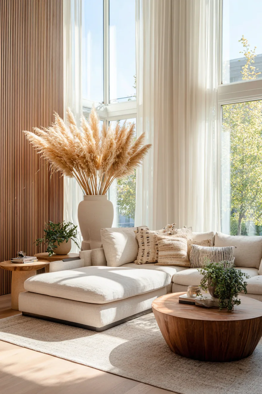 A tall off-white textured ceramic floor vase holding a large arrangement of fluffy pampas grass, sitting by a window with a sheer white curtain.