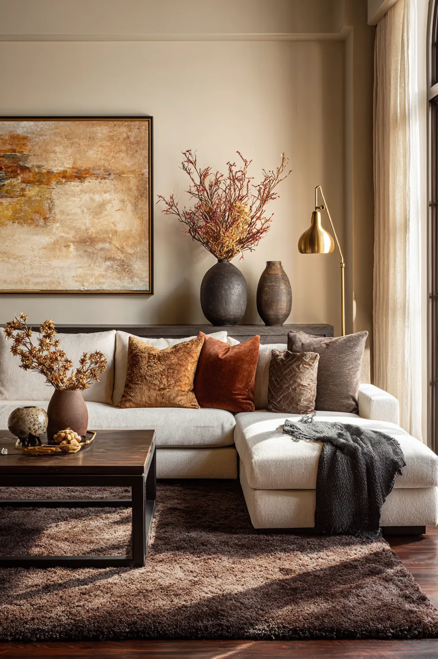 A warm and inviting living room showcasing a cream sectional sofa and a dark wood coffee table resting on a deep chocolate brown plush carpet, styled with rich rust and brown throw pillows.