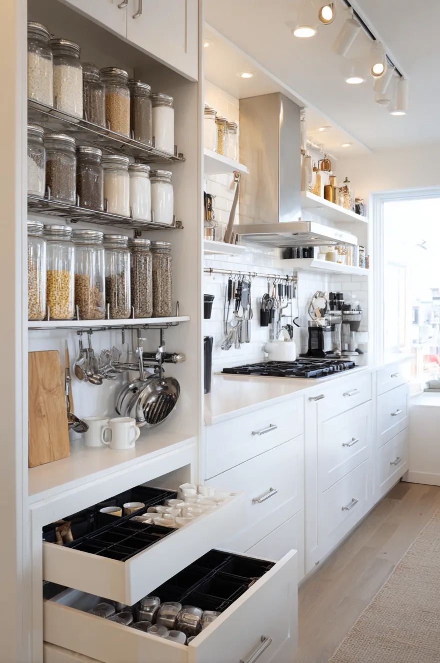 Organized kitchen pantry shelves with glass jars for dry goods and pull out drawers.