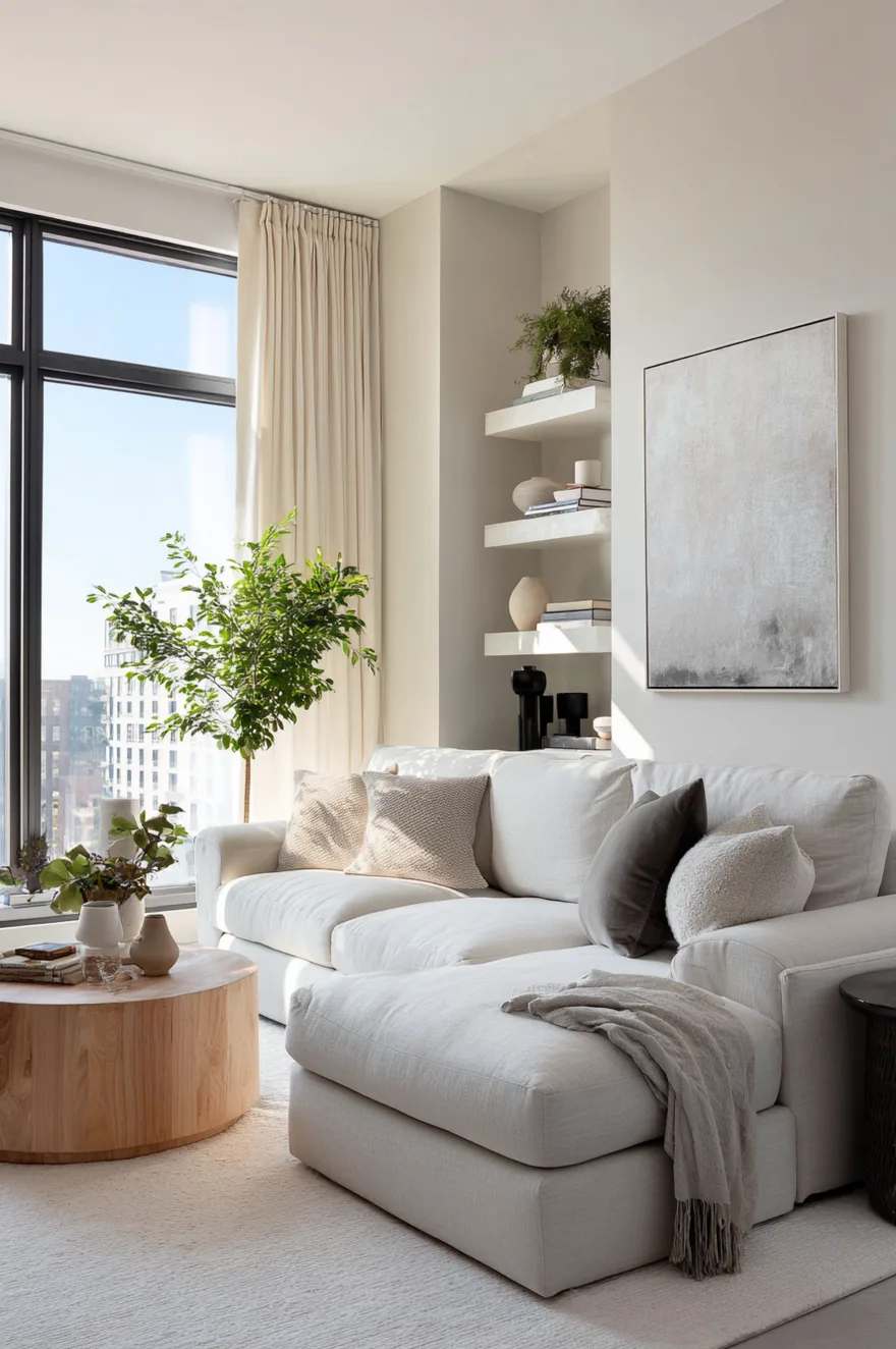 Small white chaise sectional sofa decorated with grey and textured white pillows, sitting next to a round light wood coffee table and a tall green tree in a bright apartment living room.