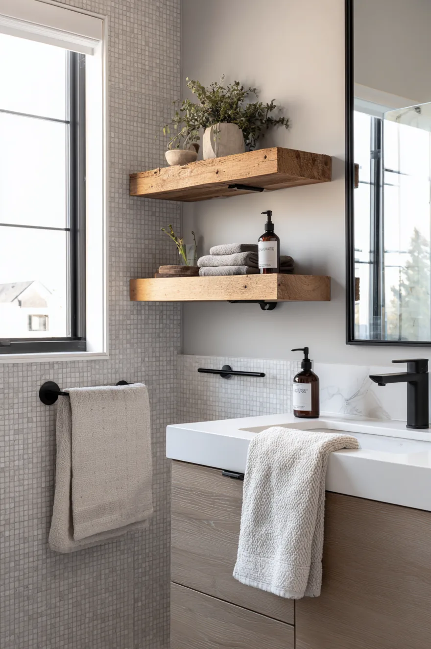 Rustic wood floating shelves with a black metal towel bar mounted underneath above a modern vanity.