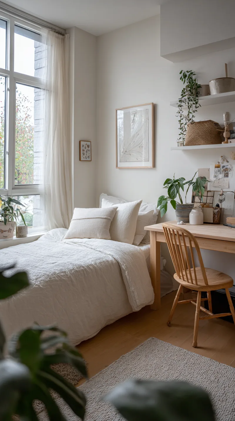 Minimalist teen bedroom with clear surfaces, a curated photo wall, and clutter-free decor.