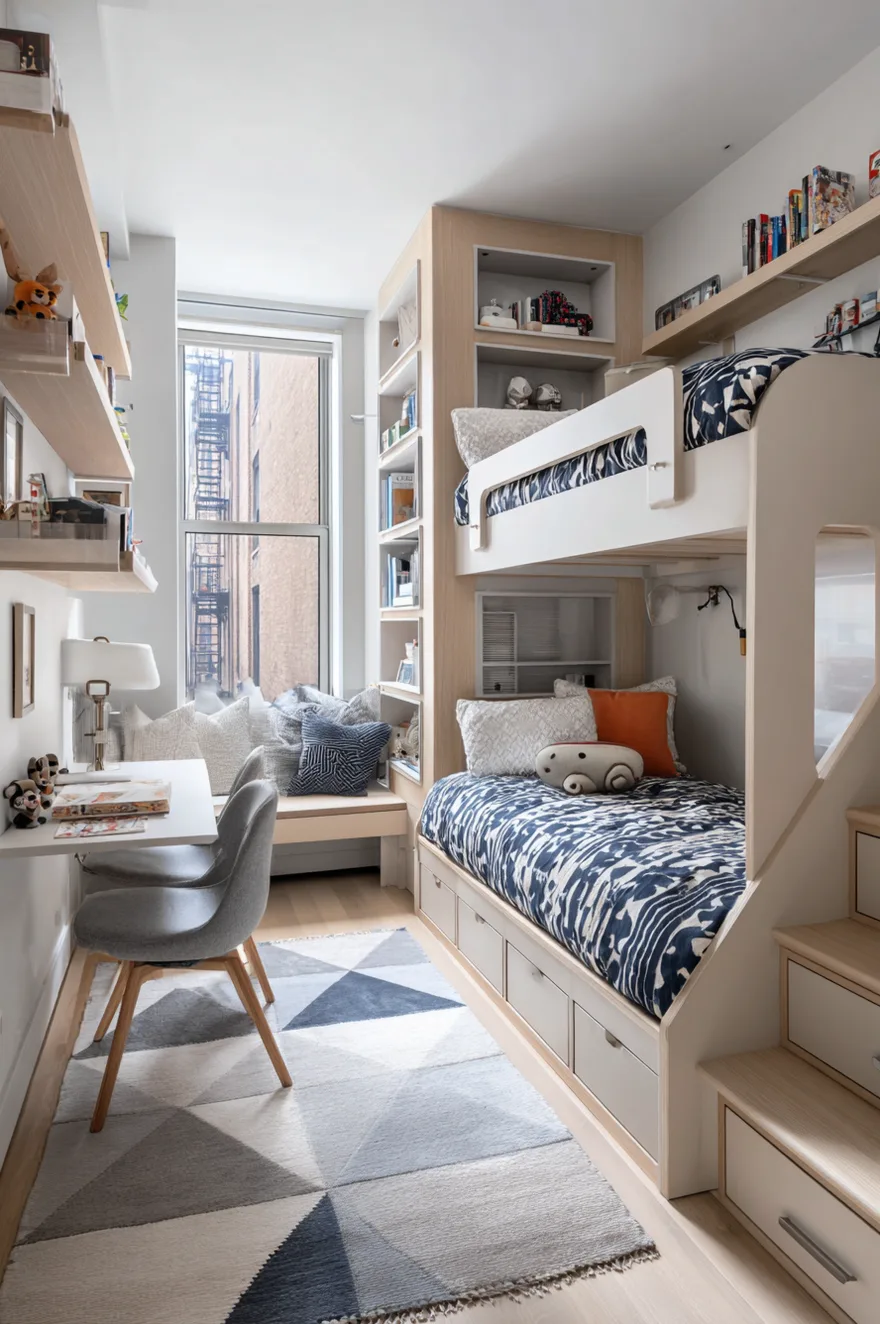 Narrow boys bedroom maximizing space with a light wood staggered bunk bed featuring built-in storage stairs, blue patterned bedding, a geometric rug, and a small floating white desk with two grey chairs.