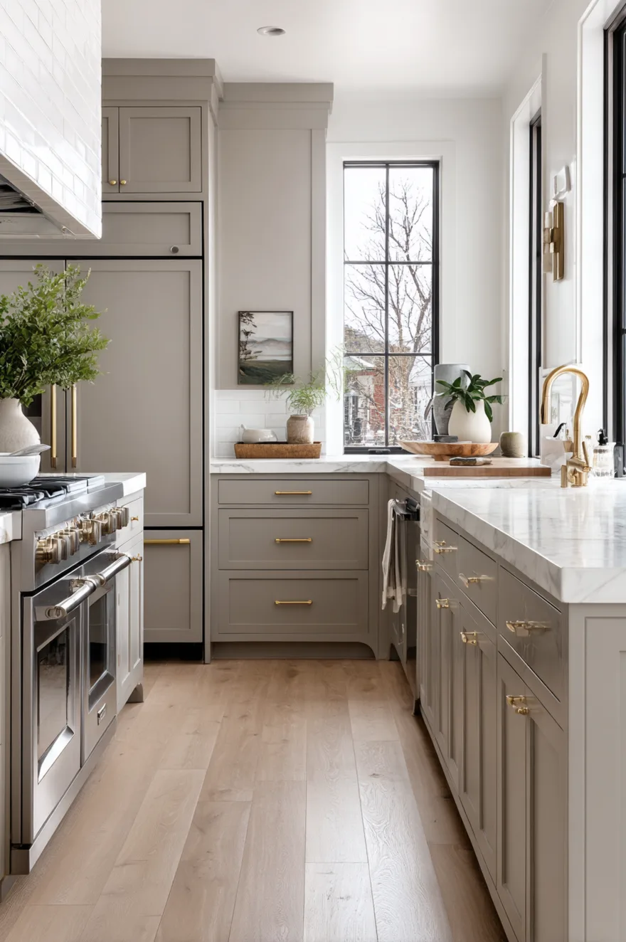 Cool-toned smokey grey-taupe modern kitchen cabinets with minimal brass pulls white marble countertops and a grey marble slab backsplash.