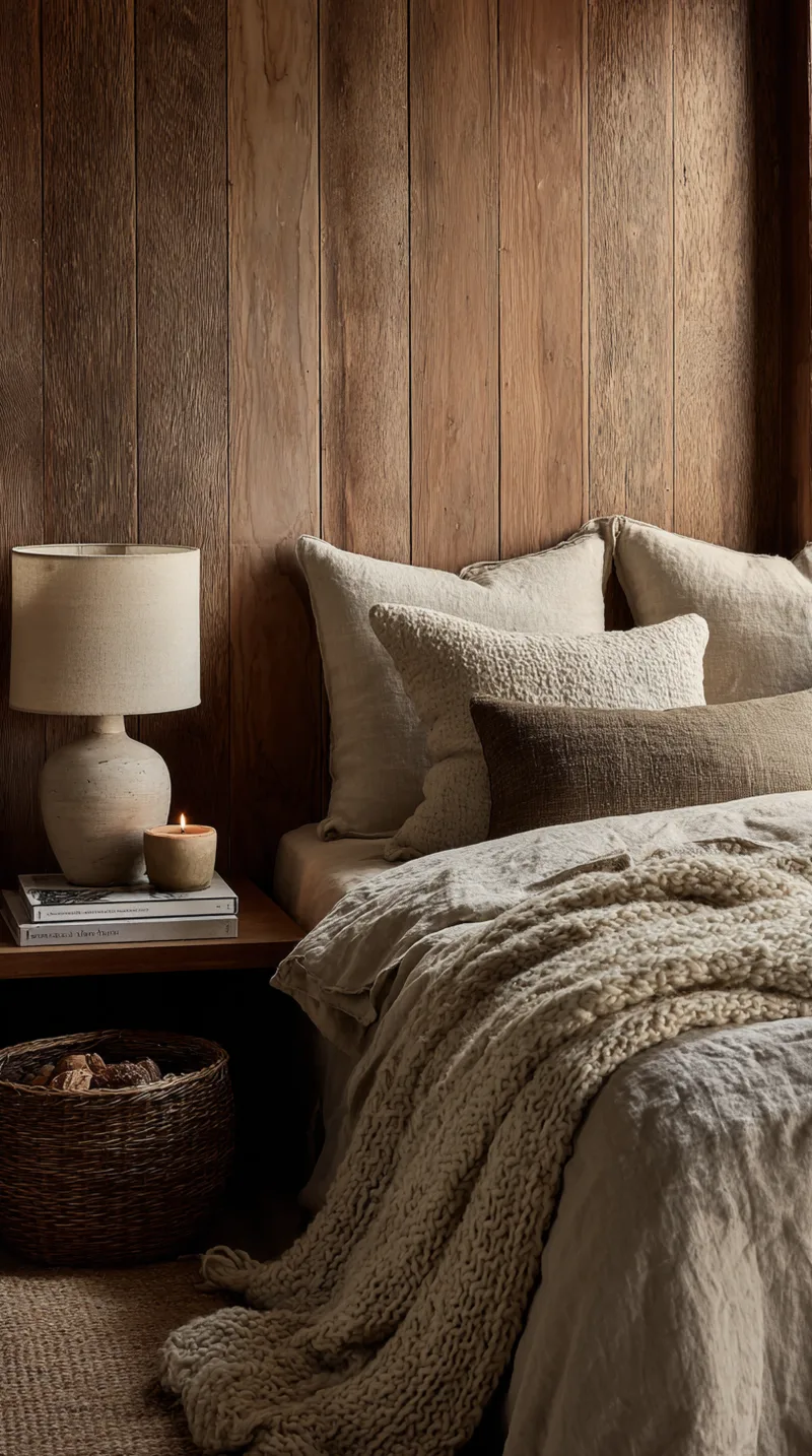 Close-up of cozy bedding with textured linen pillows, a chunky knit throw, and a rustic vertical wood panel wall.