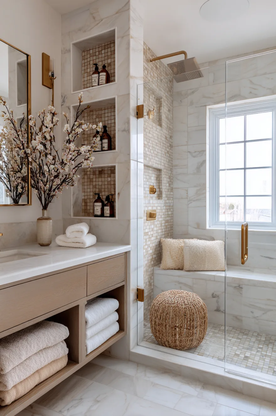 A close up detail inside a walk in shower featuring a recessed horizontal niche lined with dark blue hexagonal mosaic tiles holding bath products contrasting with the large grey surrounding wall tiles.