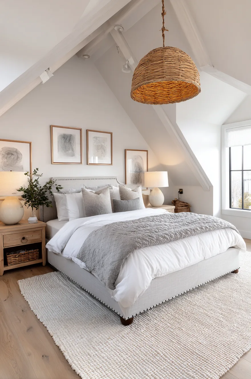 A bright white attic bedroom with a vaulted ceiling and a large woven rattan pendant light hanging over a bed with gray and white bedding. Symmetrical bedside tables hold large round white lamps.