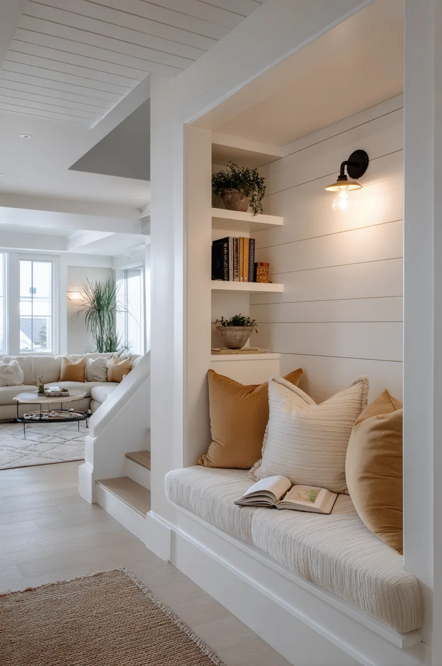 Basement stair-nook reading nook with shiplap interior walls, cushioned bench, built-in shelving, plug-in sconce, and linen pillows with a book resting open.