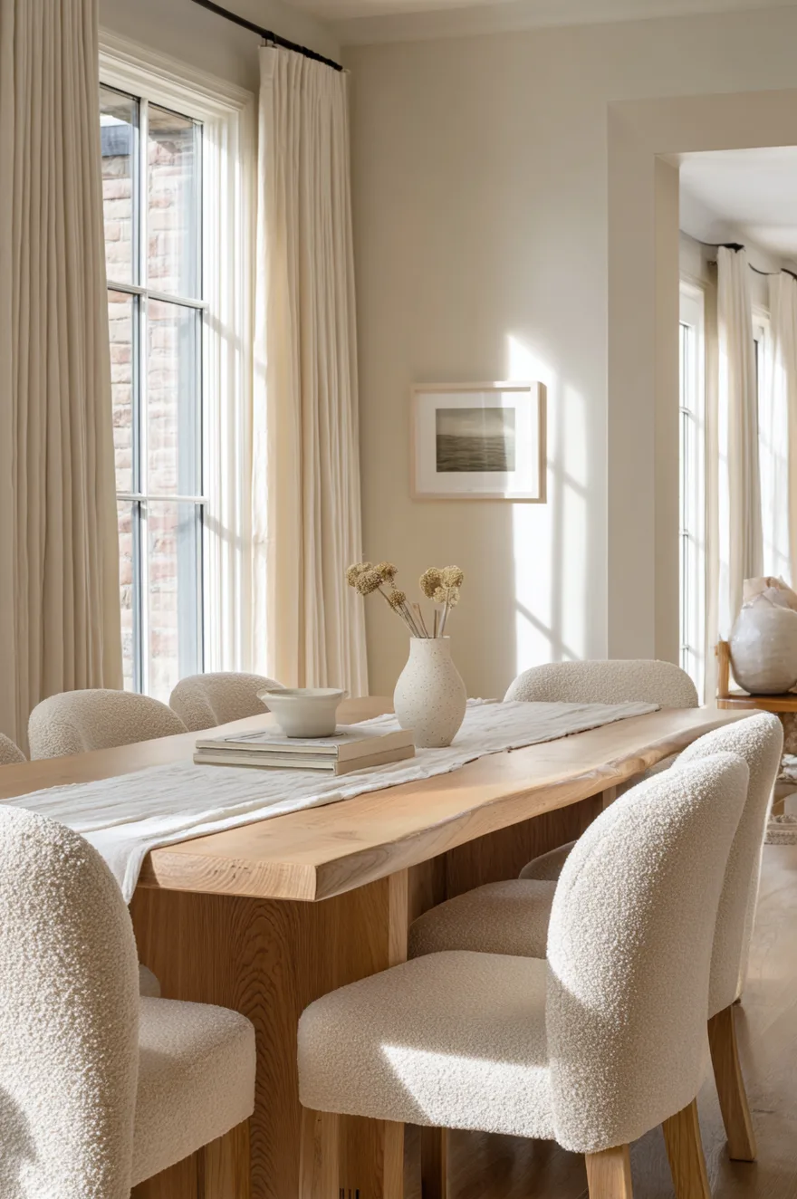 Curved barrel-back bouclé dining chairs in oatmeal tone around a live-edge oak table with a linen runner and a simple ceramic vase in a contemporary dining room.