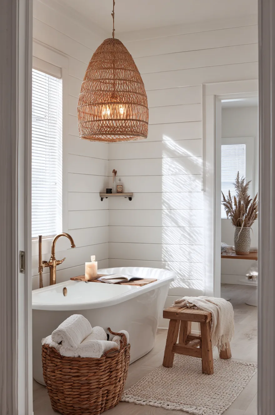 Wide rattan woven pendant light casting patterned shadows above a white clawfoot freestanding tub with brass floor-mounted tub filler, white shiplap walls, rolled towels in a basket, and warm evening lamp light.