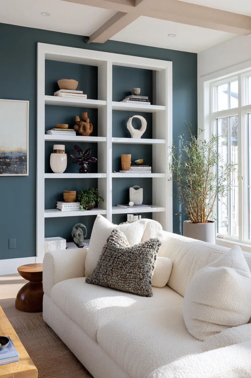 Open white floating shelves on a deep dusty blue-green accent wall with ceramics, books, and plants popping against the dark background color in a bright living room with a cream boucle sofa.