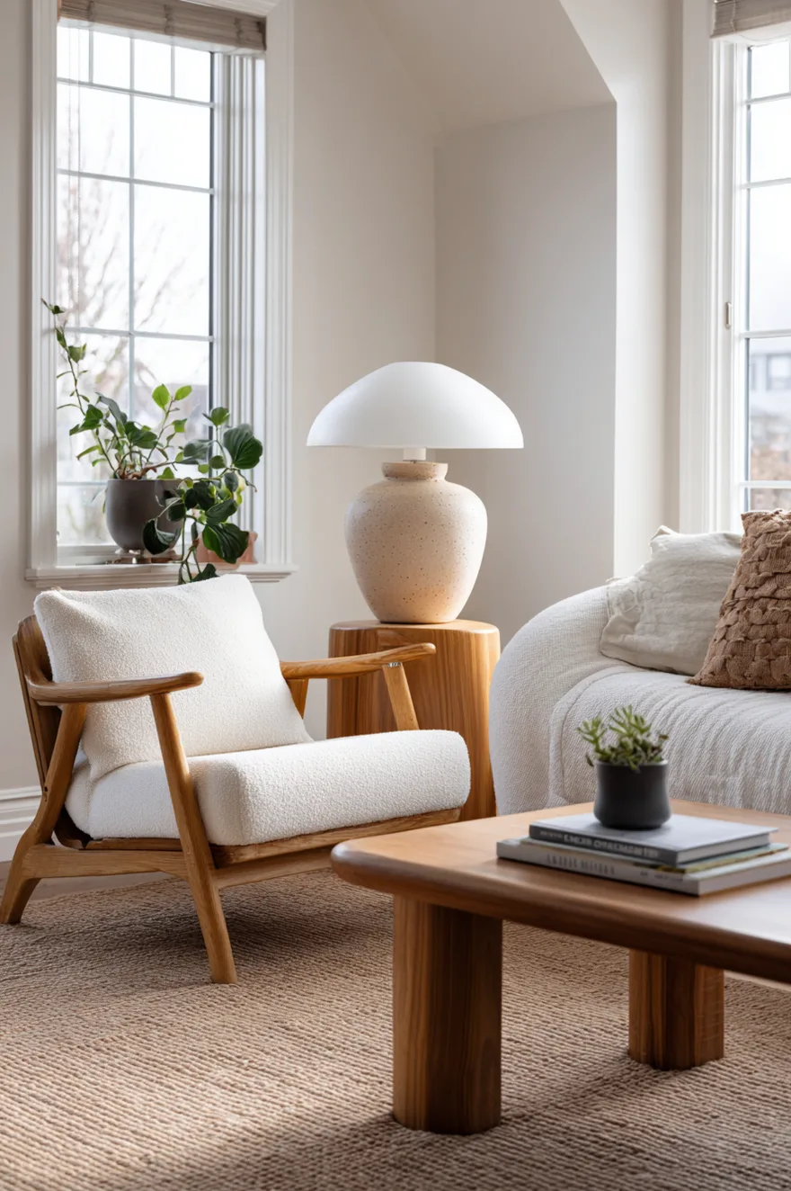 Warm minimalist living room with a refinished mid-century side table in pecan stain beside an accent chair with a cream slipcover, low-profile sofa, jute rug, and a ceramic lamp on the side table.