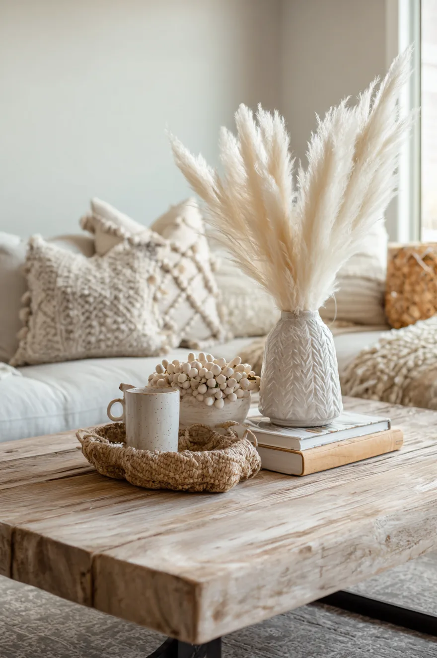 Natural wood coffee table decorated with a wooden bead garland draped over a bowl of small green succulents.