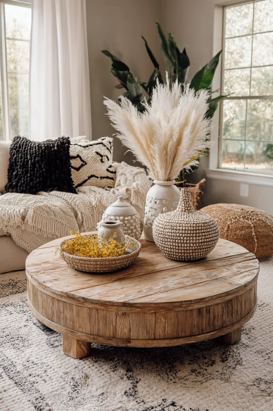 Round coffee table styled with fluffy pampas grass in a ceramic vase and woven macrame coasters.
