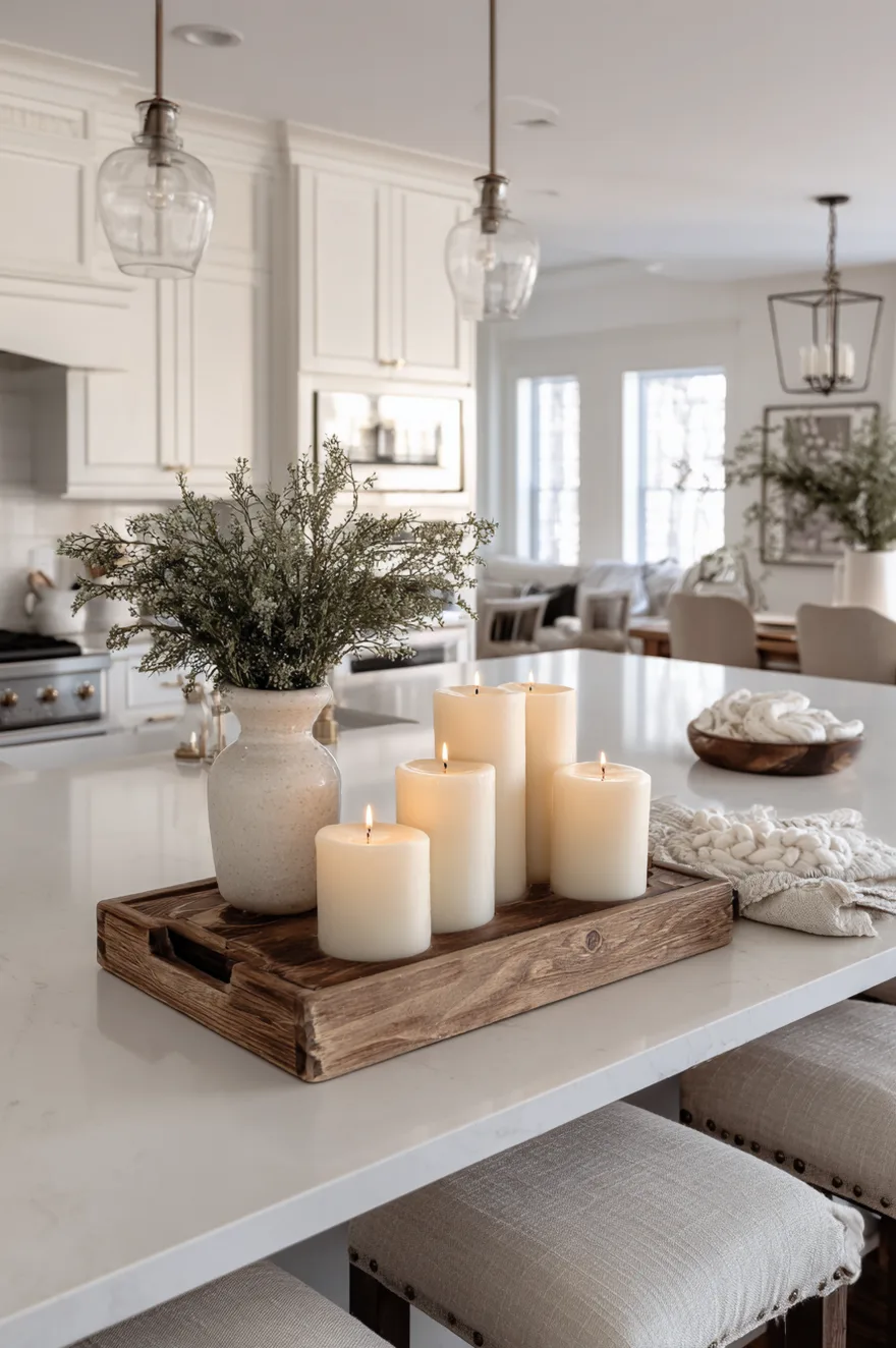 Dark charcoal kitchen island with a white quartz countertop, featuring a small rectangular marble tray holding a cluster of three unscented white pillar candles of varying heights, a small brass match striker, and a tiny glass vase of dried lavender.