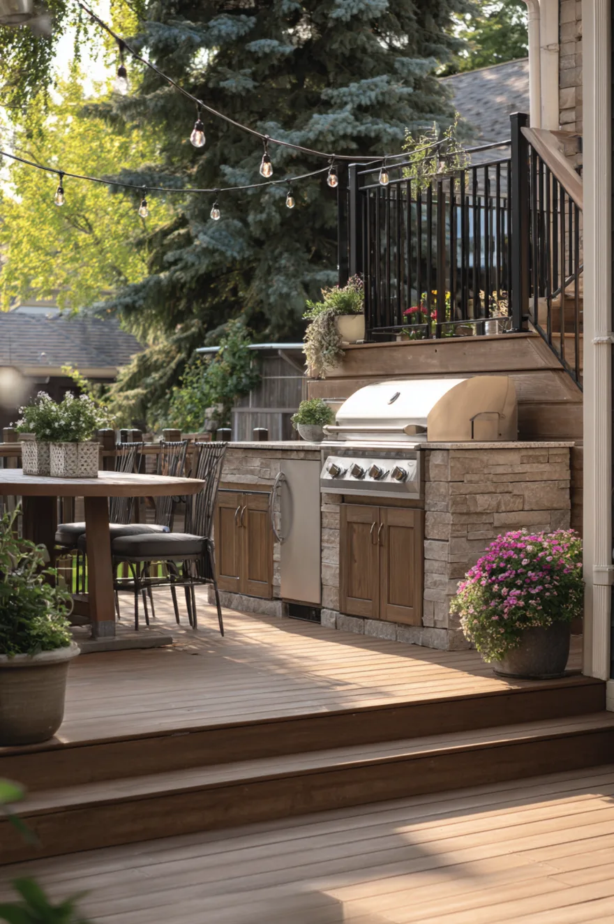 Compact outdoor kitchen built onto a raised wooden deck, featuring dark metal cabinets, a stainless steel grill, and modern glass railings overlooking a green yard.