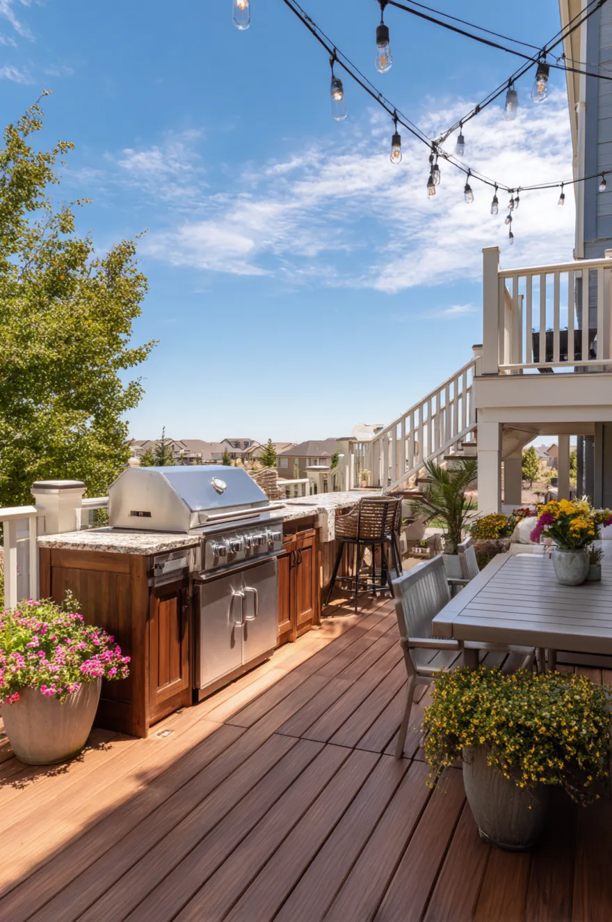 Light grey outdoor kitchen cabinets on a wooden deck with white quartz countertops, a built-in grill, and a small dining setup shaded by a bright umbrella.
