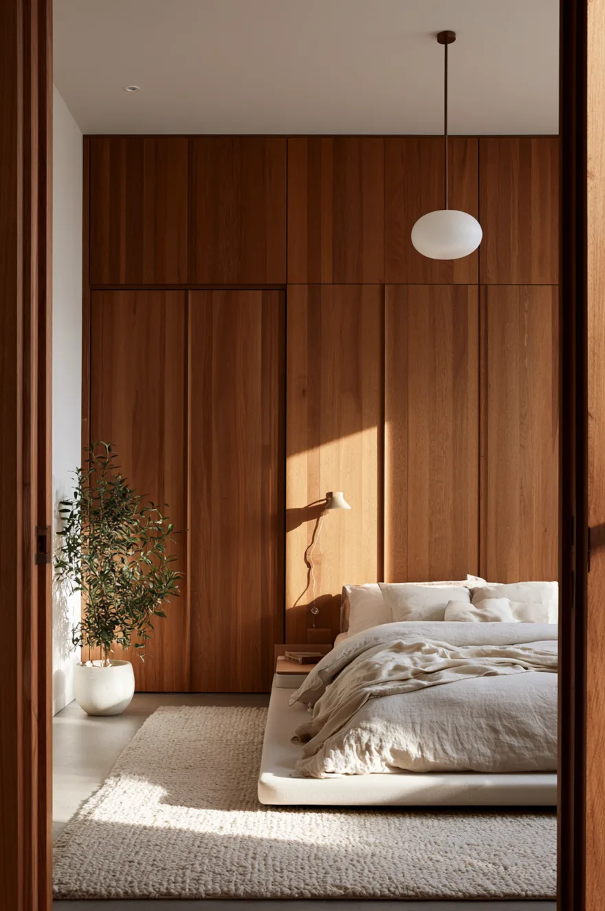 Seamless floor-to-ceiling warm walnut wood wardrobe cabinets behind a low-profile bed with white bedding, featuring a minimalist white glass orb pendant light and a white potted olive tree.