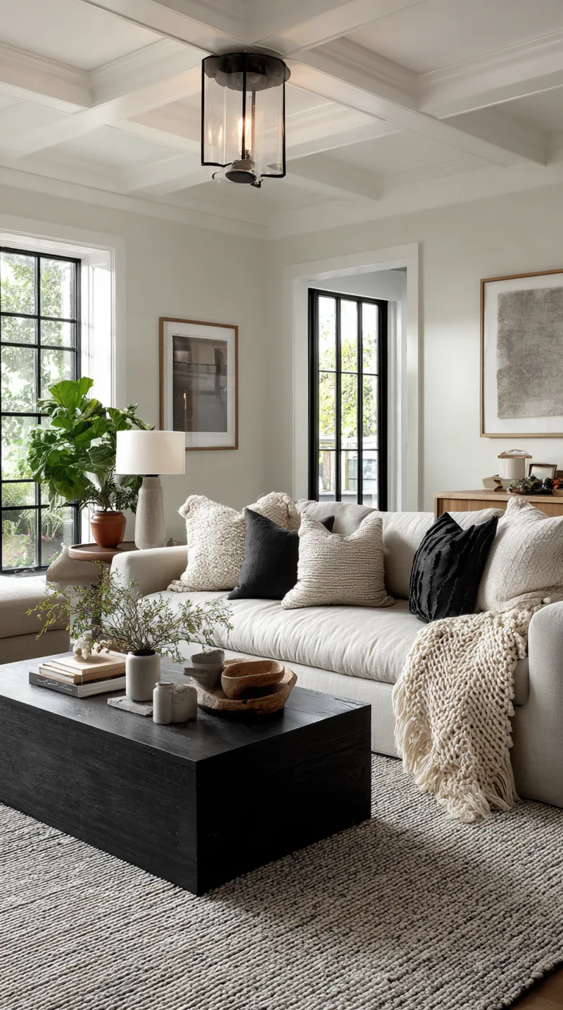 Modern flush mount ceiling light with a drum shade in a living room with low ceilings, keeping the space open.