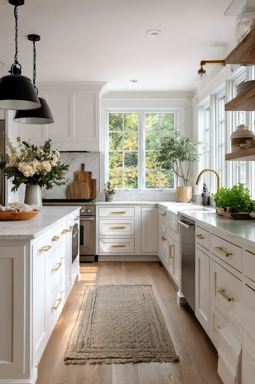 Light washed wood kitchen floors featuring a textured jute runner rug between white shaker cabinets with brass pulls, marble countertops, and oversized black dome pendant lights.