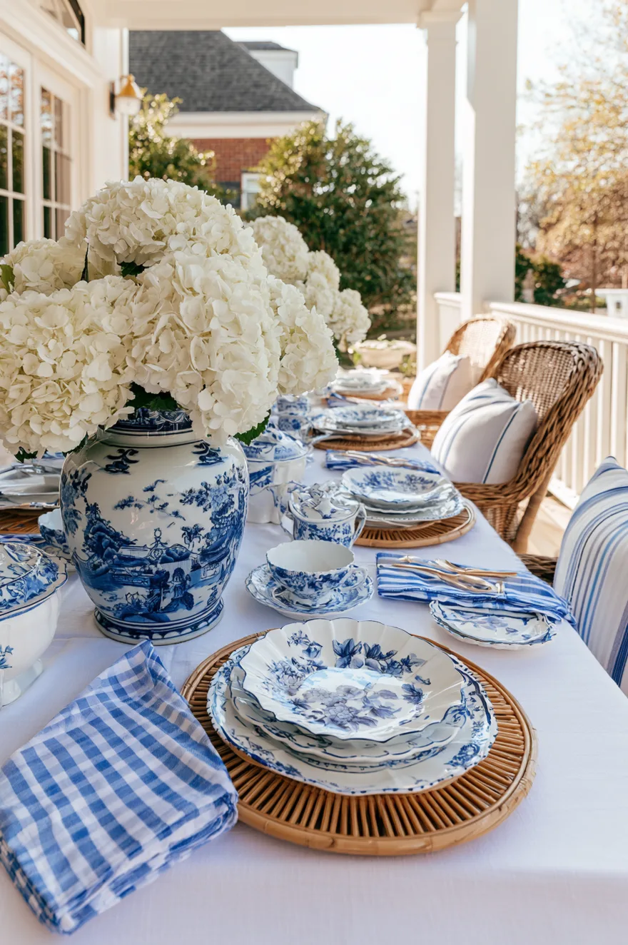 Outdoor patio table layered with floral china, woven rattan chargers, blue-and-white ginger jars filled with fluffy white hydrangeas, and striped napkins.