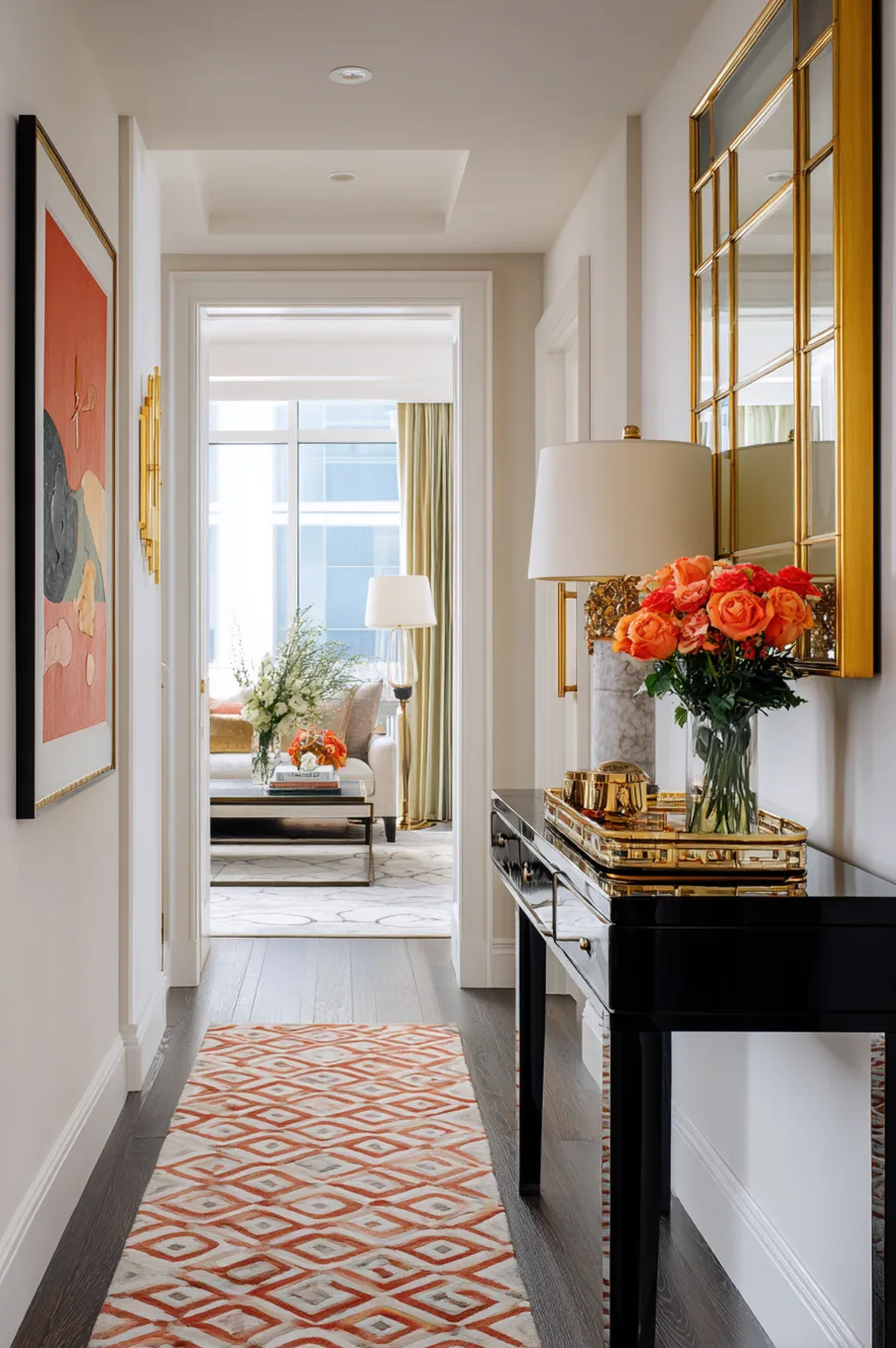 Long hallway featuring a black lacquer console table, a gold grid wall mirror, an orange and white geometric runner rug, and a vase of bright orange roses.