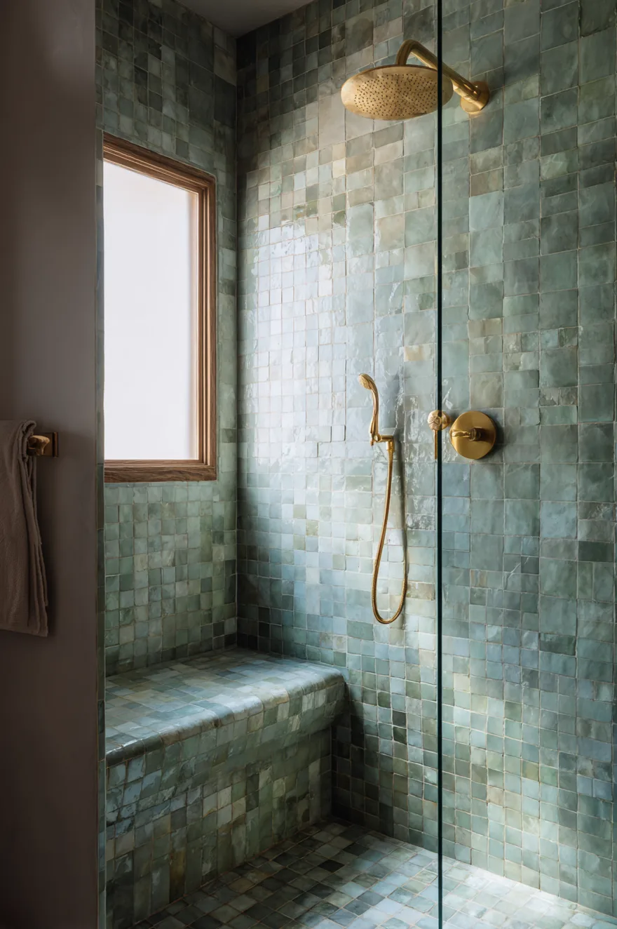 A beautiful walk in shower featuring a built in bench covered entirely in glossy square sage green tiles paired with elegant brass shower fixtures.