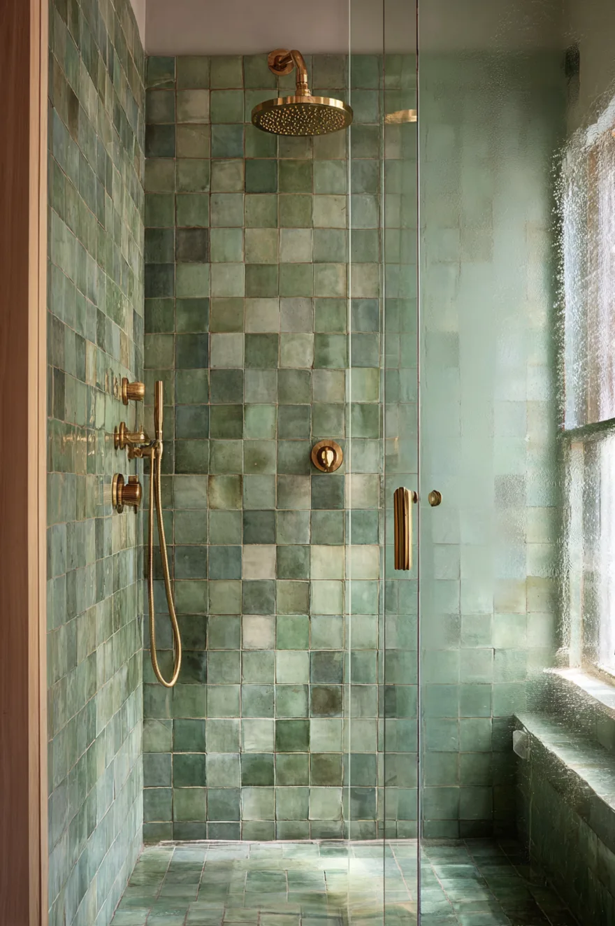 A close up view of a glass enclosed shower completely lined with glossy square sage green tiles in varying shades showcasing a brass rainfall showerhead.